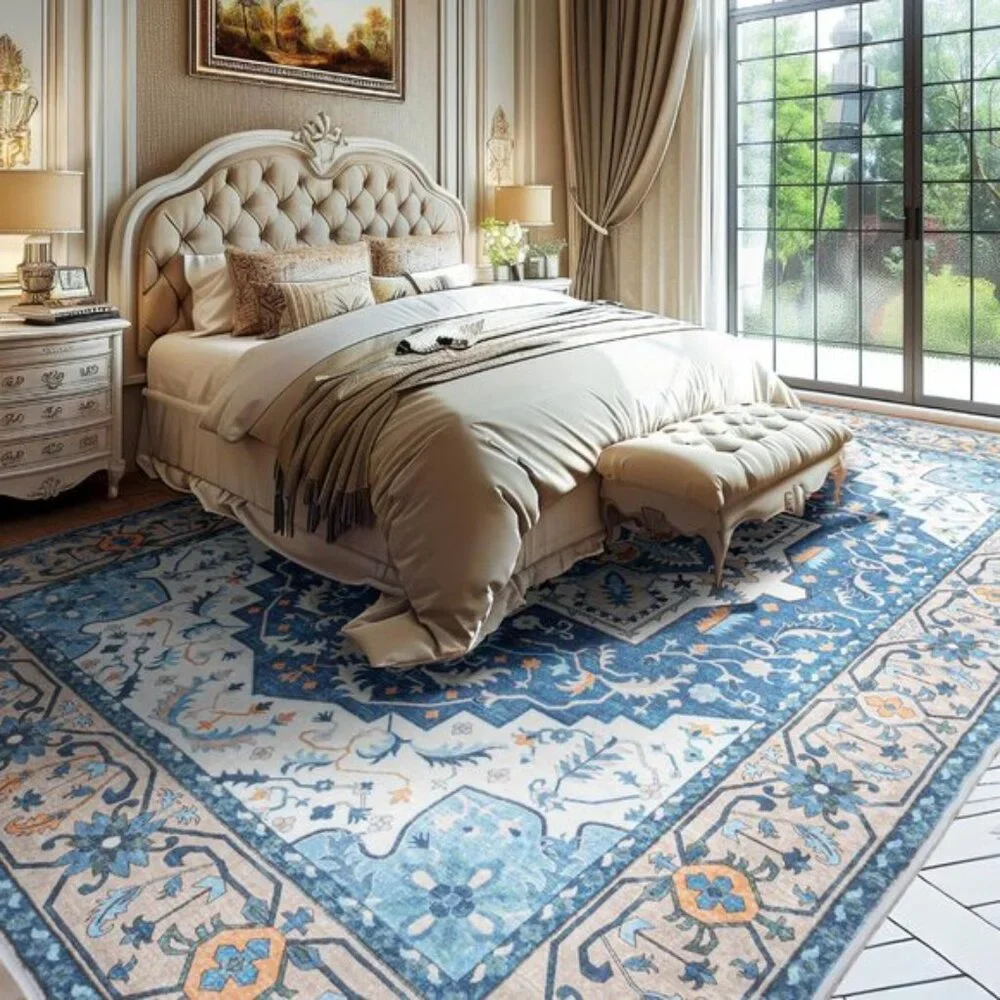 New 5x7 Blue Brown Boho Rug, Washable Soft Faux-Wool Vintage Medallion Carpet